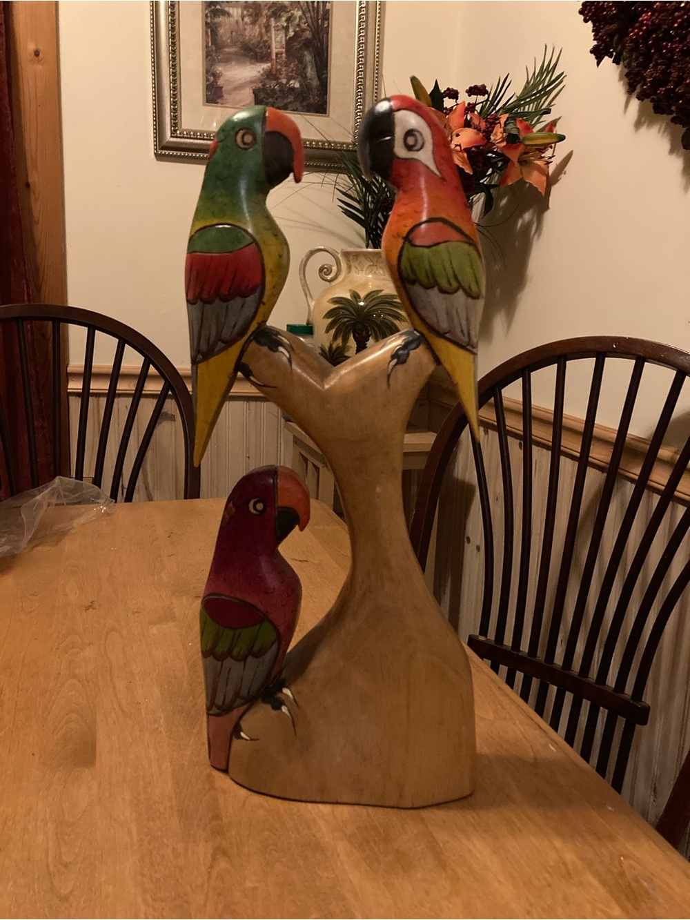 Vintage wooden hand carved parrots figurine